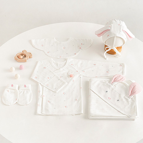 Bamboo Flower Baby Layette Set_Bunny<br/>(Side Snap Shirt, Swaddle Blanket, Mittens, Cap, Bib)