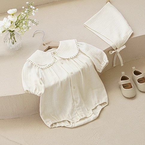 Bamboo Crinkle Gauze Creamy ¾ Sleeve Baby Bodysuit