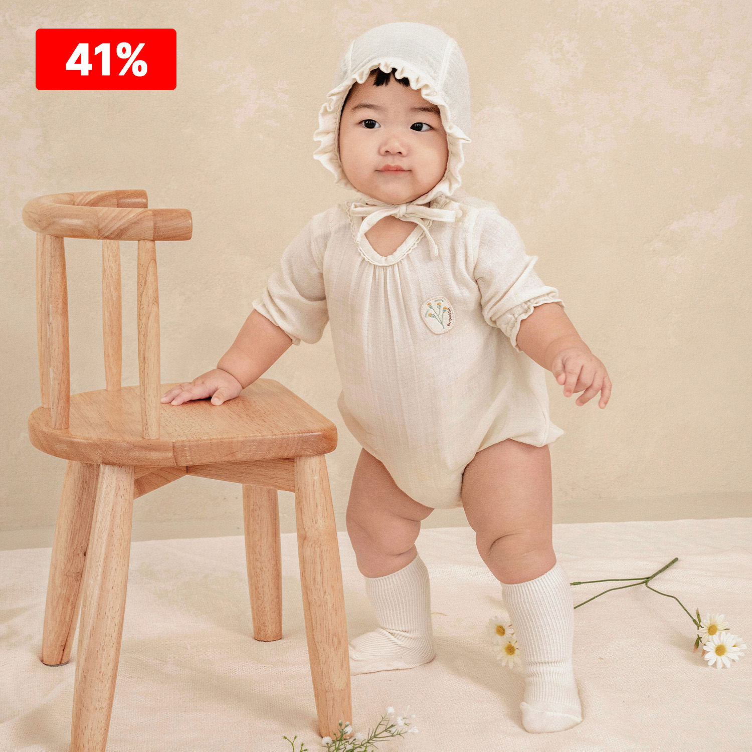 Bamboo Crinkle Gauze Creamy Flower ¾ Sleeve Baby Bodysuit